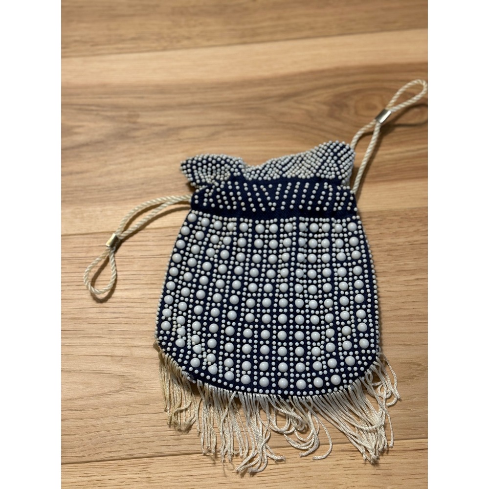Vintage Beaded Drawstring Purse Women Small Navy White 70s Fringe Pouch boho